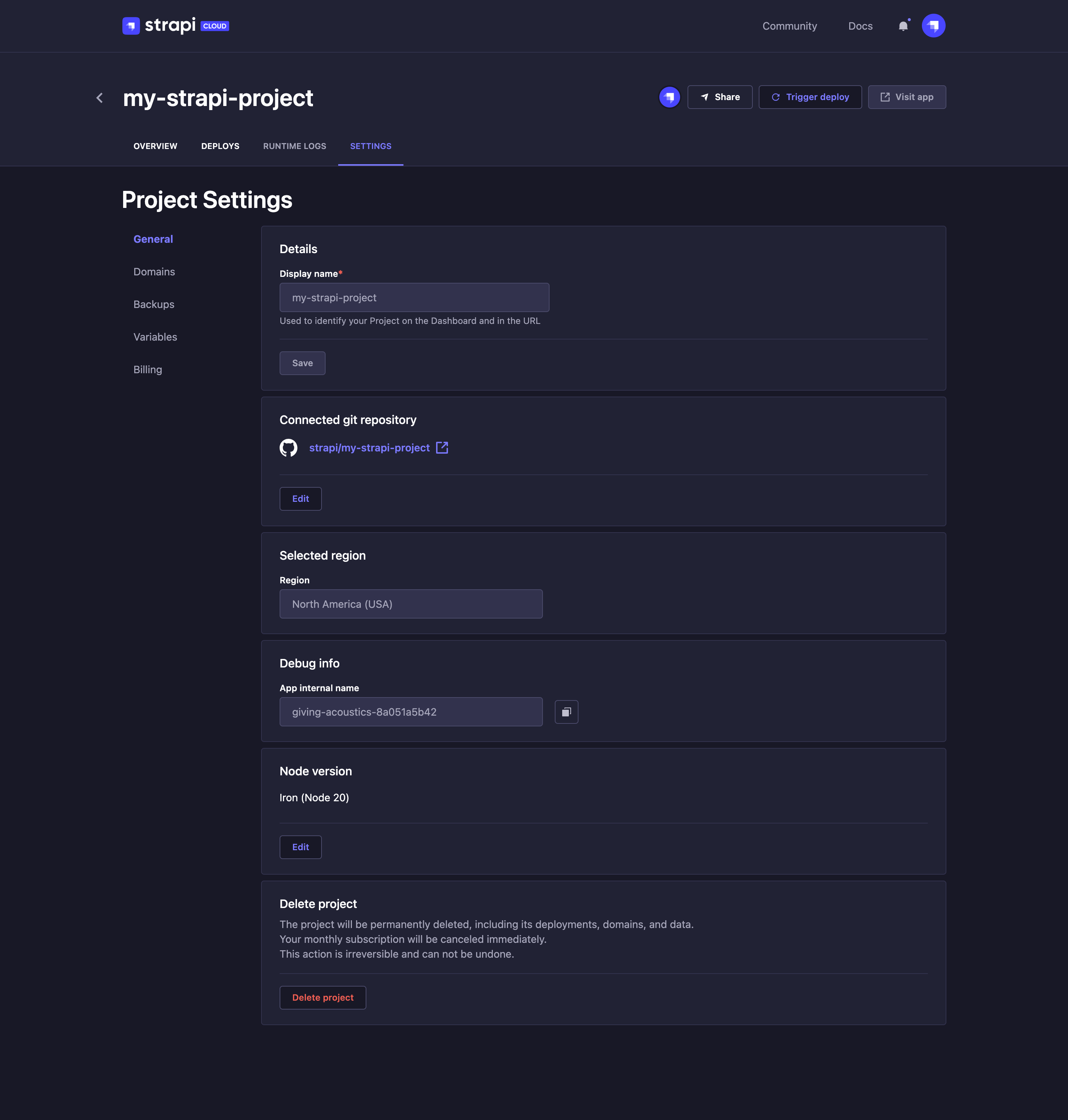 Project settings page